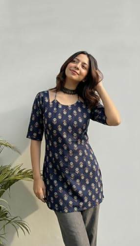 Image of ANNI Designer Women's Viscose Blend Printed Short Kurti | Straight Fit Ethnic Top with Square Neck | Bell Sleeve Indian Kurta for Office College, Party