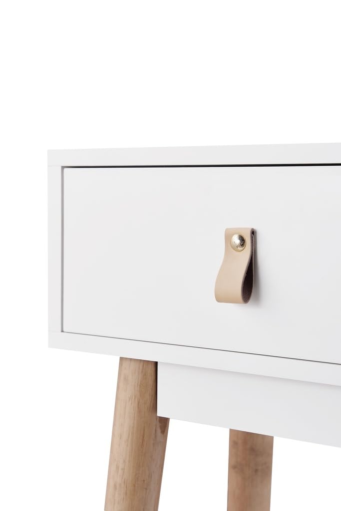 Recibidor Blanco con 1 Cajón y Patas de Madera de Haya – 80x30x60 cm – Consola Moderna de Entrada con Tirador en Símil Cuero