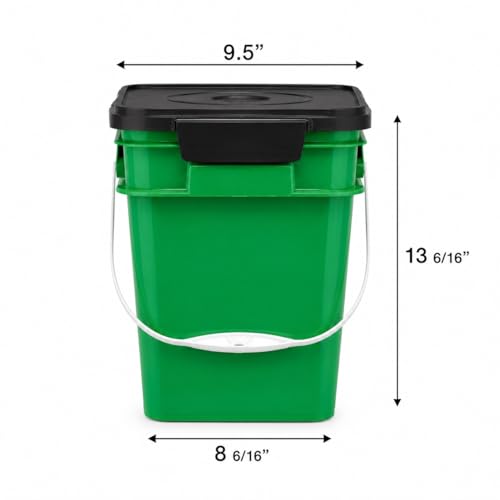 Image of House Naturals 4 Gallon Square Food Grade Bucket Pail with Plastic Handles and Lid (Pack of 3) Made in USA containers (Green)