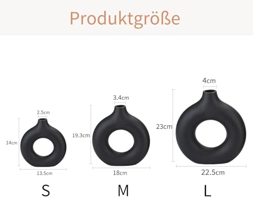 Image of White Donut Vase Hollow Ceramic Vase for Flowers Handmade Minimalist Style Modern Home Decor Round Shape Table Party Living Room Office Bedroom (Black Medium)