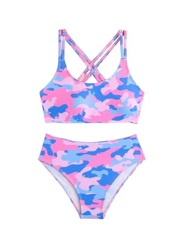 SOLY HUX Girl's Summer Swimsuits Camo Print Basic Bikini Set High Waisted Swimwear