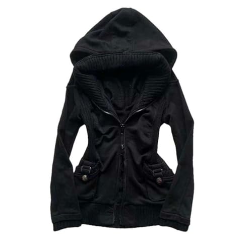 Manteau punk d'hiver foncé pour femme noir avec fermeture éclair style coréen XS