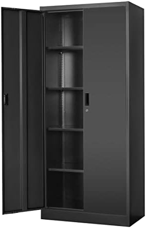 Wanfu Metal Storage Cabinet with Locking Doors and Adjustable Shelves, 71” Tall Steel Storage Cabinets for Garage, Home Office, Pantry(Black)