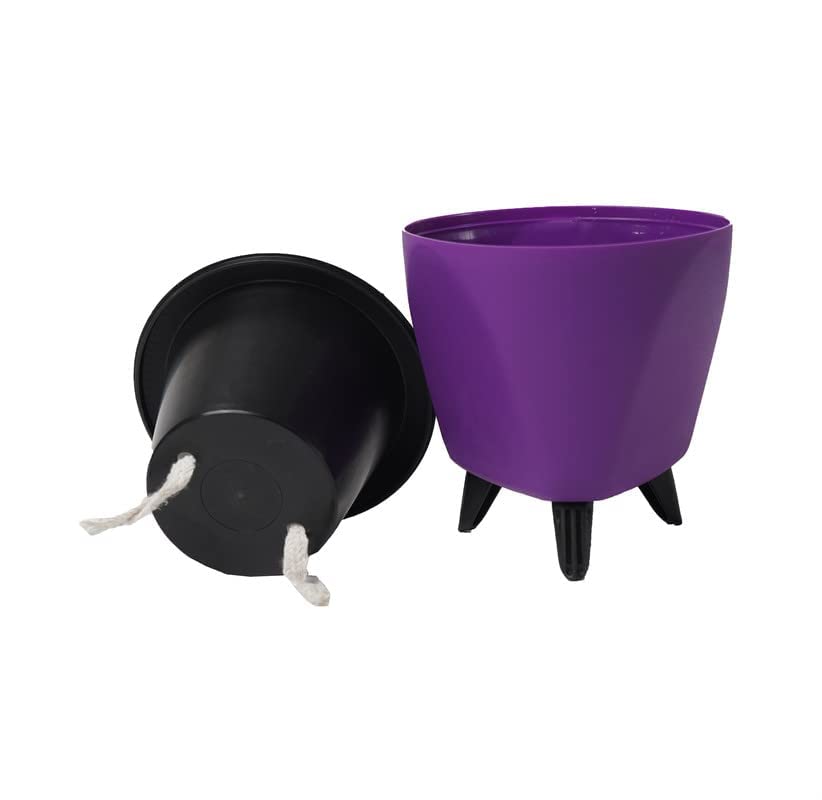 Image of Garden Art (Pack of 2 Indoor Outdoor Self Watering Planter Home Living Room Office Tabletop Decorative Plastic Flower Pot 5.1 Inch (Purple, 2) PPLAPL