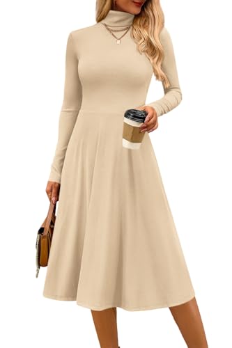 CFLONGE Women's Casual Ribbed Knit High Neck Dress Long Sleeve