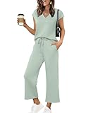 Saloogoe Womens Loungewear Set Two Piece Airport Outfits 2 Pc Lounge Sets Fashion Spring Short Sleeve Tracksuit Wide Leg Sweatsuit Ladies Casual Summer Clothing Vacation Clothes L