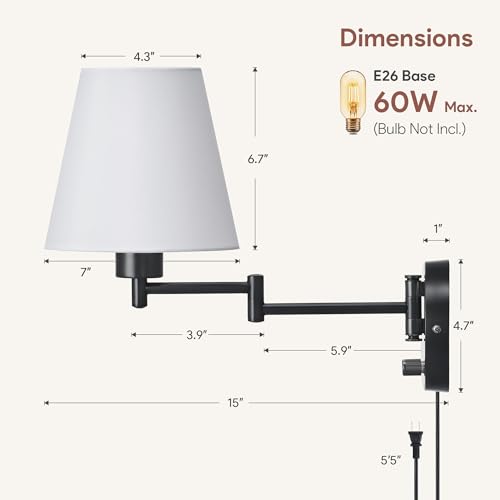 Modern Swing Arm Wall Mount Light Plug in, Corded Wall Lamps with White Fabric Shade, Black Metal Adjustable Wall Sconce, Wall Mount Lamp for Bedroom, Living Room, Bedside