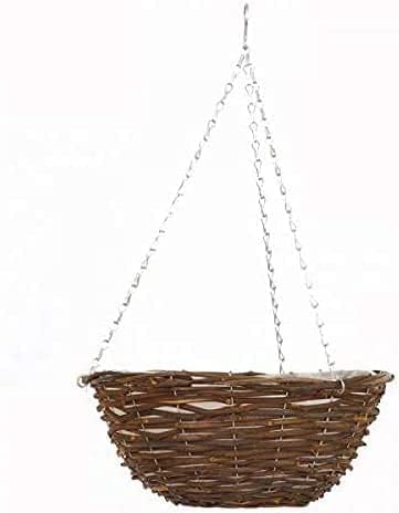 The STT Global Dark Rattan Hanging Basket with Liner, Natural Rattan Planter, Hanging Chain and Hook Wicker Planter 35cm / 14inch