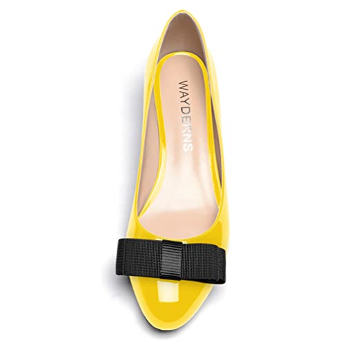 WAYDERNS Women's Patent Bow Decorated Round Toe Slip On Block High Heel Pumps Shoes 3.5 Inch3
