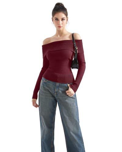 Image of SUUKSESS Women Off Shoulder Sweaters Long Sleeve Ribbed Knit Going Out Fall Tops Blouse