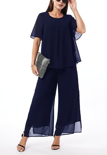Women's 2 Piece Chiffon Sets Outfits Flowy Ruffle Layers Casual Dressy Wedding Guest Pant Suits3