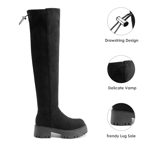 DREAM PAIRS Women's Platform Over The Knee Boots Lug Sole Round Toe Thigh High Long Chunky Block Heels Fall Boots,Size 9,Black-Suede,SDOB2309W
