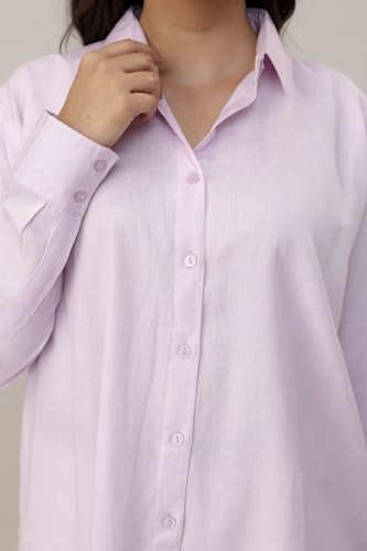 Image of Women's Linen Blend Shirt | Casual Collared Button Down Shirt for Women | Solid Color Full Sleeve Oversized Fit | Summer Casual & Office Wear Top