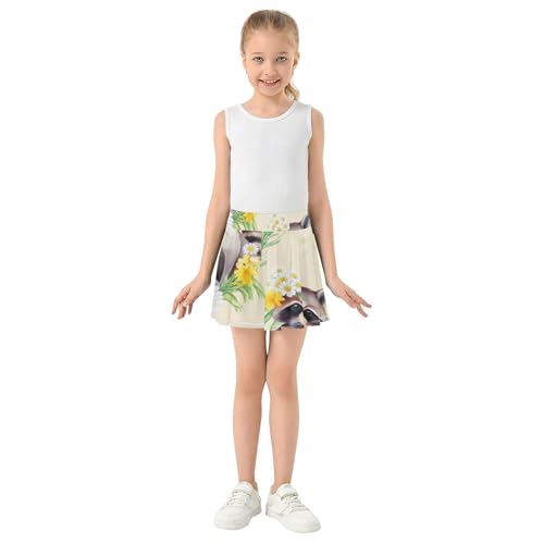 Joisal Cute Raccoons White Daisies Beige Girls' Shorts Athletic Skorts Tennis Skirts Kids Fun Cute School Skirt 3t3