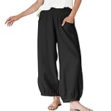 Womens Harem Pants Comfy Cotton Linen Barrel Pants Baggy Smocked Elastic High Waist Wide Leg Trousers with Pockets Black