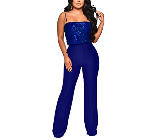 Sexy Glitter Sequins Sparkling Jumpsuits For Womens Sleeveless Spagetti Straps Backless Bodycon Wide Leg Long Pants One Piece Outfits Night Clubwear Playsuit Blue #TOP5