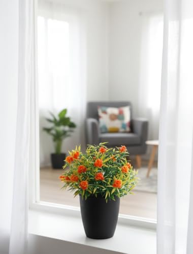 Image of Foliyaj Artificial Plant with Orange Flowers in Black Pot | Plants for Home Decor with Pot | Indoor Plants for Living Room