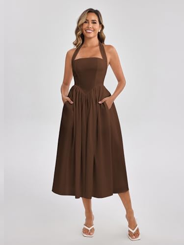 Image of Parthea Women's Floral Halter Corset Midi Dress 2026 Elegant Smocked Flowy Wedding Guest Dresses with Pockets