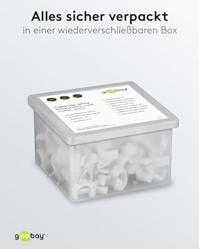 goobay 17085 Kabelschelle 100er Set / Kabelhalterung zur Kabel Befestigung bis zu 16mm Durchmesser / Kabelklemme mit Nagel für Wand, Türrahmen, Ecken und Aufputz / 100 Stück / Weiß