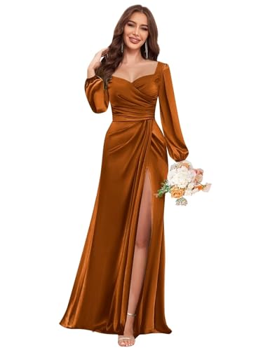 Long Sleeve Satin Bridesmaid Dresses for Women with Slit Ruched Long Corset Prom Formal Evening Ball Gown