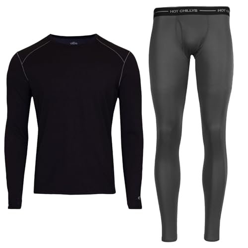 Hot Chillys Men’s Peach Skins Fly Lightweight Relaxed Fit Base Layer Bottom, Noche, Medium & Clima-Tek Thermal Warming Breathable Relaxed Fit Stretching Base Layer Long Sleeve Crewneck, Black, Medium