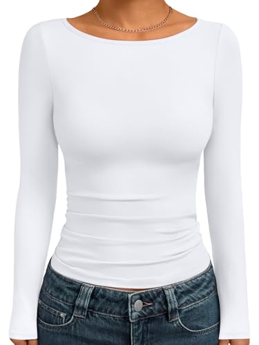 Trendy Queen Women's Boat Neck Tops Long Sleeve Shirts Casual Fitted Tee Shirts Solid Color Fall Basic Clothes 2026 White S