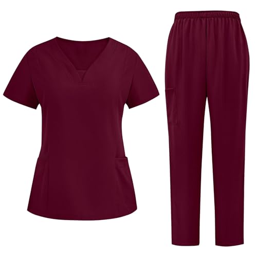 Divise Sala Operatoria Donna Divisa Sanitaria Set con Casacca e Pantalone con Scollo A V Top Casacca Manica Corta Camice da Laboratorio Clinica Cameriera Etichetta Camicia Uniformi Medica, S-XXL