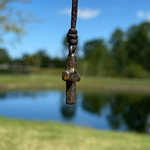 Small-Gold-Hammered-Cross-Necklace-Religious-Jewelry-Mens-Faith-Catholic-Women-Men-Gifts-Protect-Us-Father-Christmas-Gift-Best-Friend-Rustic-Brown