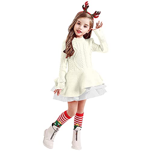 RNTOP Kids Girls Christmas Sweater Dress Toddler Long Sleeve Knit Sweater Dress Solid Color Casual (White, 2-3 Years)