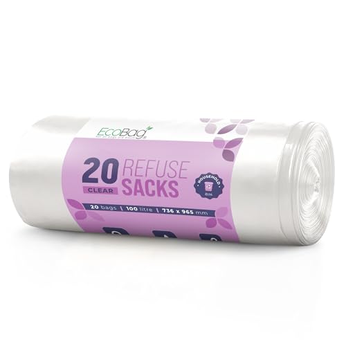 EcoBag - 20 Pack Refuse Sacks - 100L - 22 Microns - Heavy Duty Leak Resistant Recyclable Bin Bags Eco-Friendly Durable Waste Disposal Bags for Household & Commercial Use (736 x 965mm)