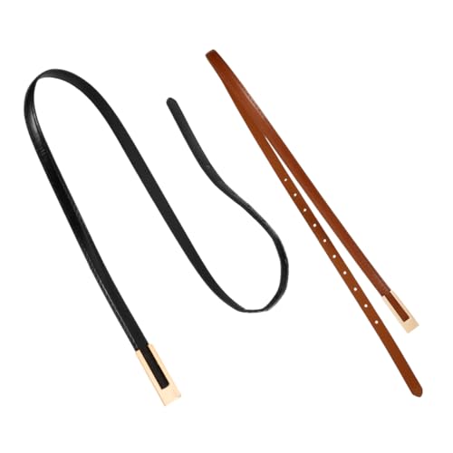 2Pcs PU Leather Thin Waist Belt for Women Vintage Style Fashion Accessory Caramel and Black for Dresses Shirts and Pants