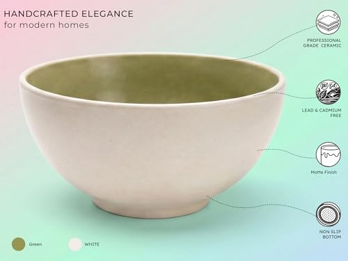 Image of Bodhi House Ceramic Deep Serving Bowl Set of 2 - 900ml | Multipurpose Microwave-Safe Bowls for Salad, Ramen, Cereal, Snacks & More - Eucalyptus White | Ideal for Dining & Gifting