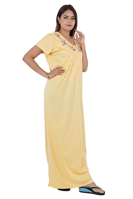 Image of Onekbhalo Women's- Full Sleeves-Feeding- Nursing- Maternity Nighty /Maxi /Gown /Nightdress /Nightwear- Hosiery Cotton Fabric- Floral Print- Embroidery with Zip
