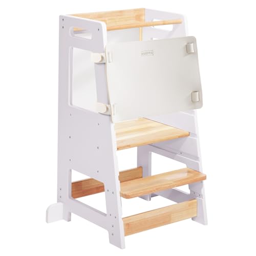 Image of HARPPA Nordo Toddler Kitchen Learning Helper with Adjustable Height and Anti-Slip Protection, Kids Standing Tower with Safety Rail, Wooden Kids Tower with Learning Chalkboard, White
