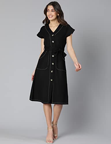 Image of oxolloxo Women Cotton Shirt Regular Sleeves Solid Party Dress