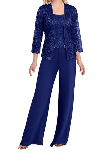3 Pieces Mother of The Bride Pants Suits Chiffon Lace Evening Formal Dress for Wedding Guest Groom with Jacket