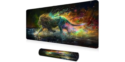 Tapis de souris gamer XXL à bords cousus et motif lion abstrait haute définition