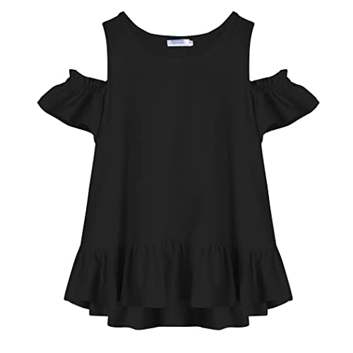Arshiner Girls T-Shirts Short Sleeve With Cold Shoulder Ruffle Hem Blouse Cute Floral Print Tee Tops #TOP10