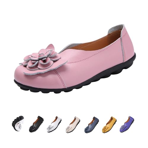 Image of Women's Leather Slip On Loafers,Vintage Handmade Cute Bow Flower Comfy Non-Slip Softsole Walking Casual Dress Pumps