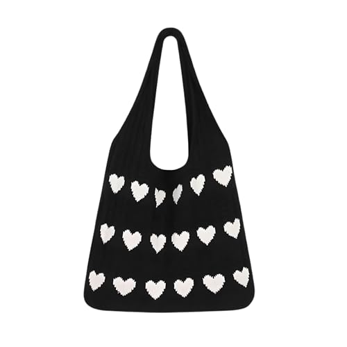 Image of Cotton Knitted Heart Pattern Tote Bag for Women - Large, Stylish & Durable Black Shoulder Handbag for Everyday Use, Travel, Shopping, Work & Beach (Pack of 1)