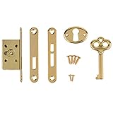 S-20 Full Mortise Antique Gold Plated Jewelry Box & Small Door Lock with Key & Keyhole Vintage Furniture + Free Bonus (Skeleton Key Badge)