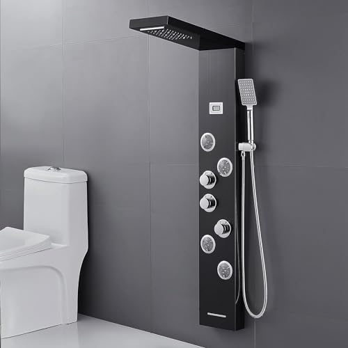 KEOKBON Shower Tower 304 Stainless Steel Multi-Function (Waterfall Rainfall, Handheld, Bathtub Spout, LED Light, Celsius Temperature Display) Shower Column for Home Hotel Resort Renovation,Black