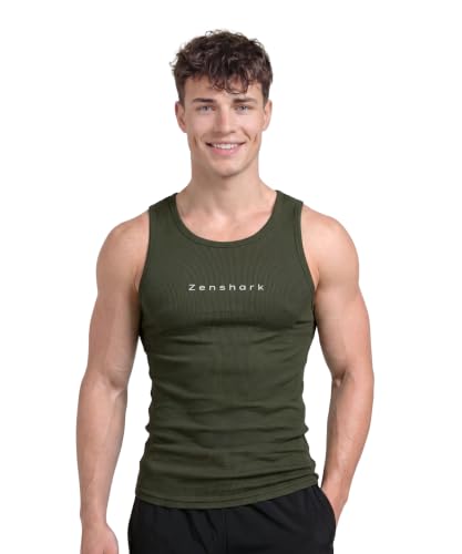 Image of ZENSHARK Gym Vest for Men | Sleeveless T Shirt Sando Tank Top | 2x2 Ribbed Cotton Lycra Ribbed Vest | Round Neck Slim Fit 4 Way Stretch | Sleeveless Gym T Shirt for Workout Training
