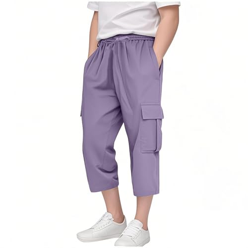 Girls Cargo Capris Summer Loose Causal Solid Drawstring Elastic Waist Cropped Pants Preppy Capri Pants with Pockets, Kid Crop Pull On Fashion Petite Size 12-14, Cool 2025 Ages 7-8 High Waist Outfits