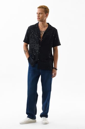 Image of SNITCH Men Casual Shirt | Regular Fit Half Sleeve Cuban Collar Textured Pattern with Embellished Sequins | 100% Viscose & Breathable Fabric for Everyday Wear
