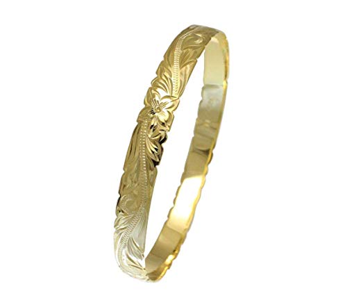 Arthur's Jewelry 925 Sterling Yellow Gold Plated Hawaiian Scroll Plumeria Flower 8mm Cut Out Edge Bangle Size 7-9