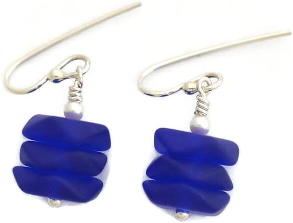 Miniatura 6 de Olas del océano azul marino plata de ley pendientes colgantes de cristal de mar real oscuro azul cobalto perla moderna joyería de playa para mujeres