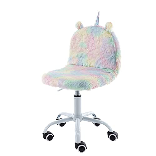 Cute Fuzzy Kids Chair Funny Rolling Study Desk Chair Colorful Girls Vanity Swivel Chair with White Foot