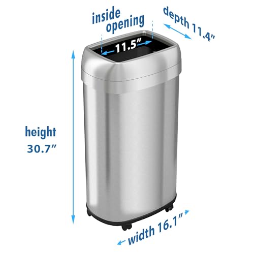 iTouchless 16 Gallon Open Top Kitchen Trash Can Recycling Bin with Wheels and Double Odor Filters Oval Commercial Stainless Steel 60 Liter Trashcan for Home Office Work Bedroom Livingroom Garage by iTouchless - Image 6