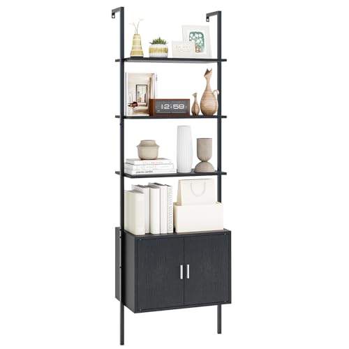 RELAX4LIFE Libreria Scaffale a Scala, Scaffale a 5 Ripiani con Armadio, Struttura in Metallo, Mobile per Salotto, Studio, Ufficio e Cucina (Nero,60 x 35 x 184 cm)